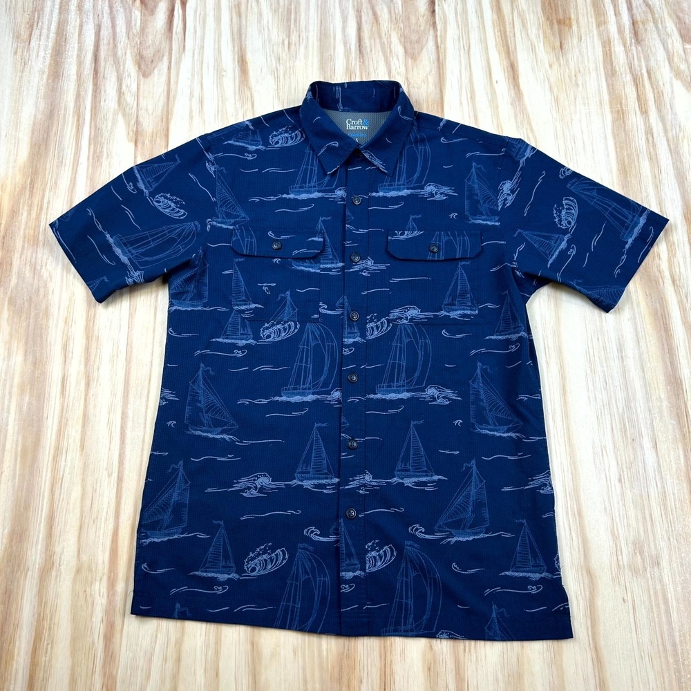 Croft‎ & Borrow Shirt Mens Small Blue Nautical Sail Boats Quick Dry Short Sleeve
